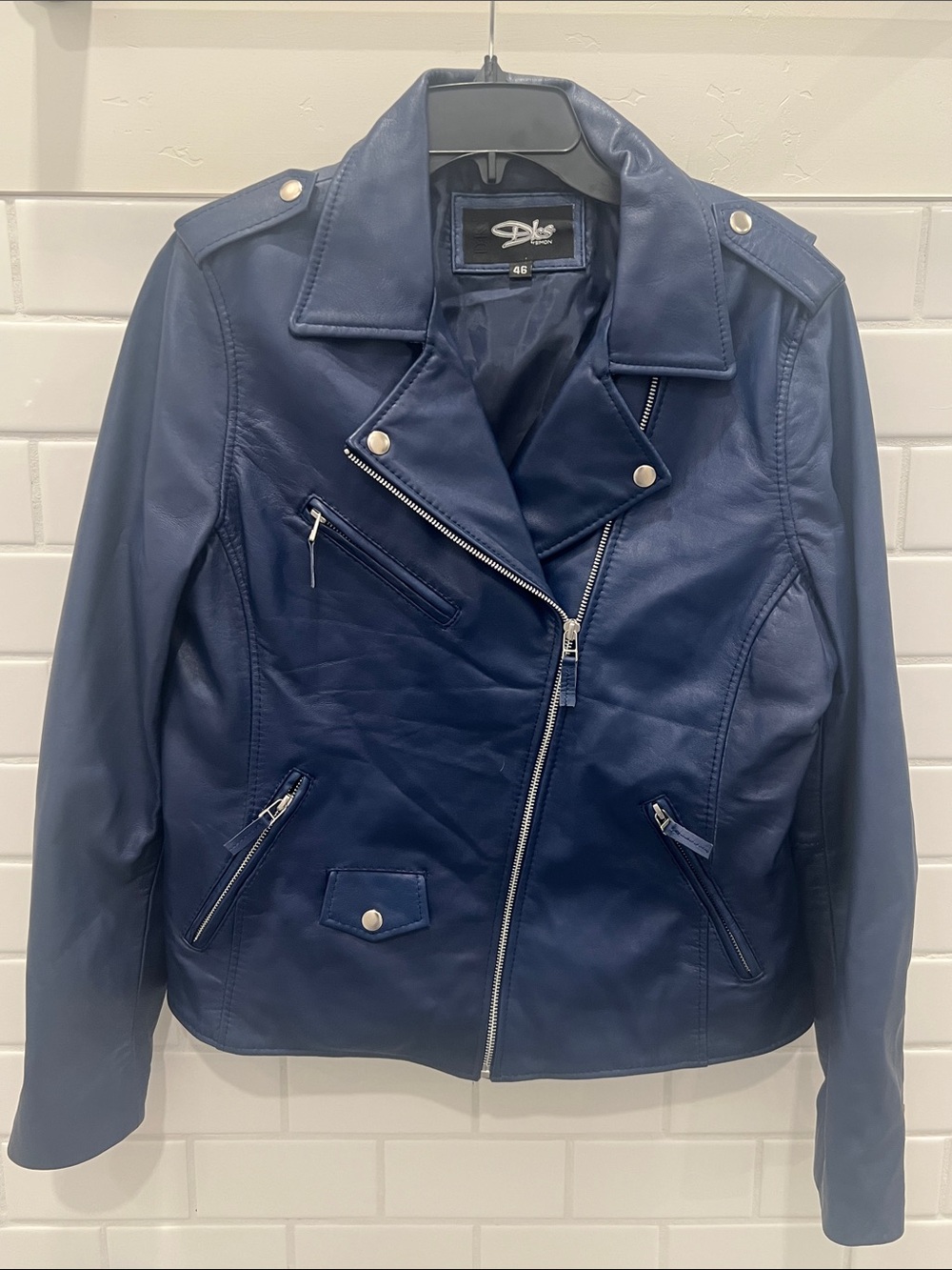 Navy Blue Leather Moto Jacket